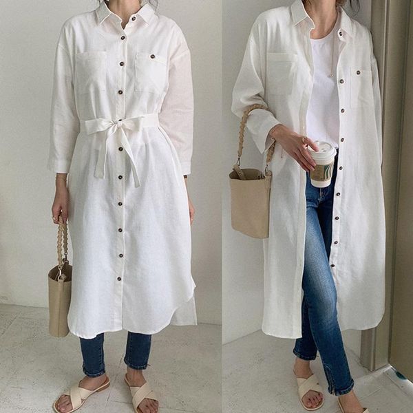 casual dresses 2021 women long shirt dress office lady work sashes turn down collar vestidos cotton tunic shirts robe femme, Black;gray 
casual dresses 2021 women long shirt dress office lady work sashes turn down collar vestidos cotton tunic shirts robe femme, Black;gray