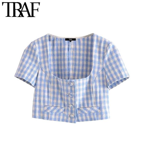 women's blouses & shirts traf women fashion with buttons cropped gingham vintage square collar short sleeve female chic, White
women's blouses & shirts traf women fashion with buttons cropped gingham vintage square collar short sleeve female chic, White