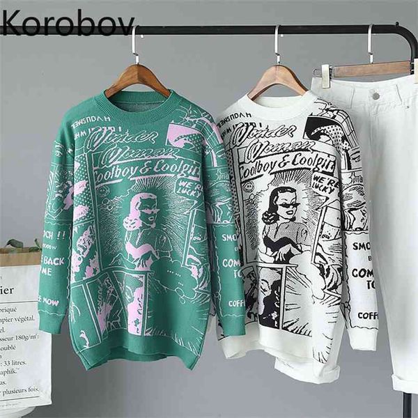 korobov harajuku cartton embroidery pattern women sweaters korean casual o neck long sleeve pullovers basic sueter mujer 79035 210805, White;black