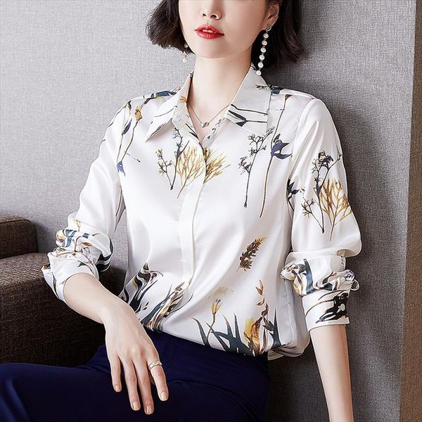 korean silk satin long sleeve womens shirts print plus size elegant floral, White