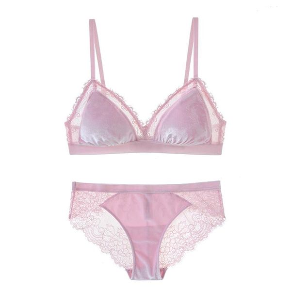 bras sets triangle cup wireless velvet bra with lace set underwear removable padded lingerie women bralette intimates, Red;black