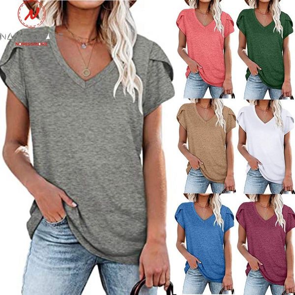 women's t-shirt fashion women summer solid color t-shirts patchwork design v-neck short petal sleeve casual loose pullovers for streetw, White 
women's t-shirt fashion women summer solid color t-shirts patchwork design v-neck short petal sleeve casual loose pullovers for streetw, White