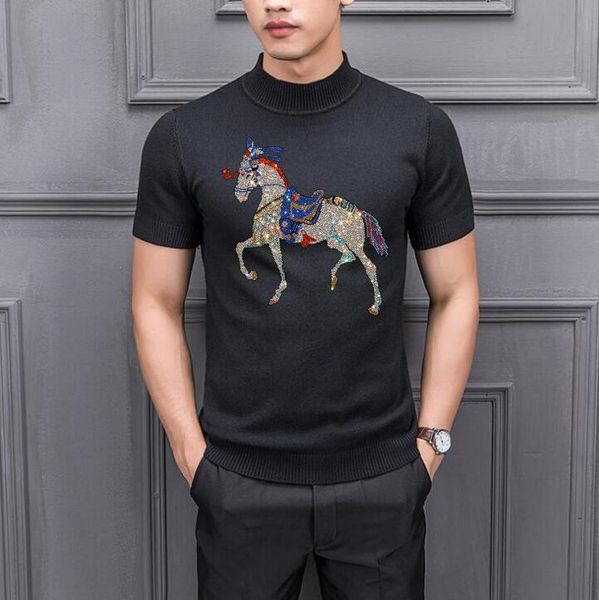 men sweater short sleeve casual male rhinestones horse slim fit homme top, White;black
men sweater short sleeve casual male rhinestones horse slim fit homme top, White;black