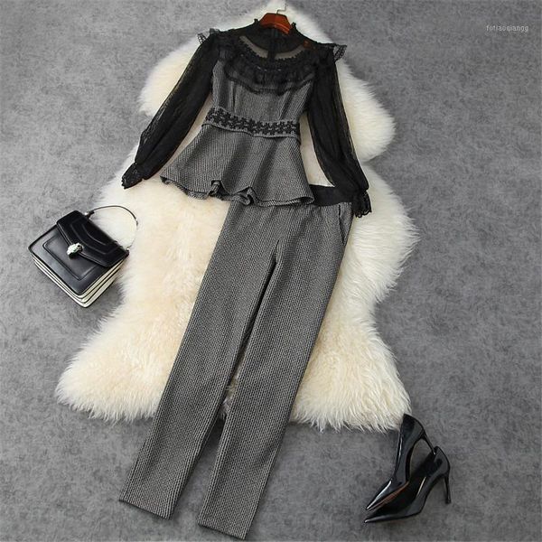 women's tracksuits 2021 autumn elegant office lady pants 2 piece set women runway fashion ruffle lace patchwork and suit party outfits, Gray
women's tracksuits 2021 autumn elegant office lady pants 2 piece set women runway fashion ruffle lace patchwork and suit party outfits, Gray