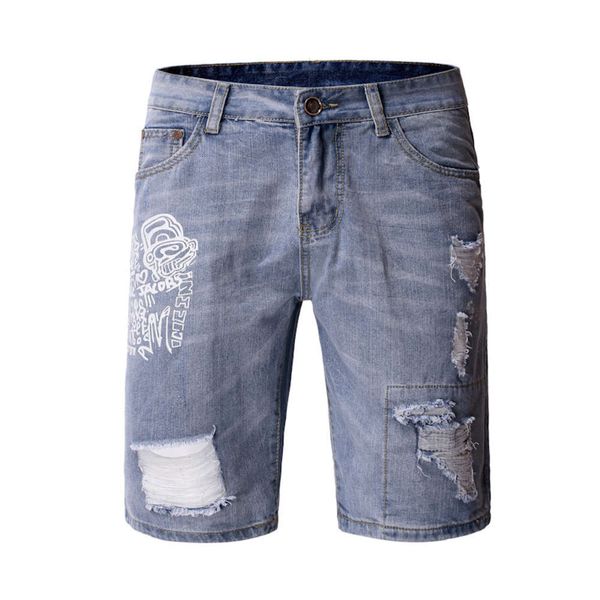 Mens Short Jeans Personality Hole Printing Washed Casual Slim Fit Summer New Style Fashionable Designer Homme Jeans, Blue 
Mens Short Jeans Personality Hole Printing Washed Casual Slim Fit Summer New Style Fashionable Designer Homme Jeans, Blue