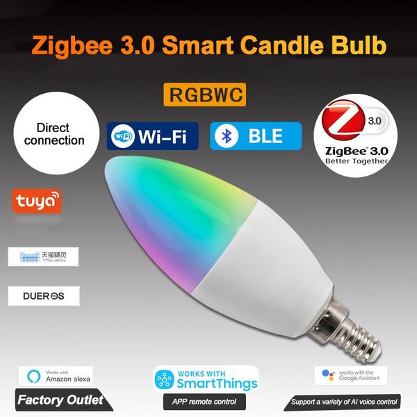tuya zigbee 3.0 smart candle bulb rgbcw 5w led voice control works with alexa google home automation modules