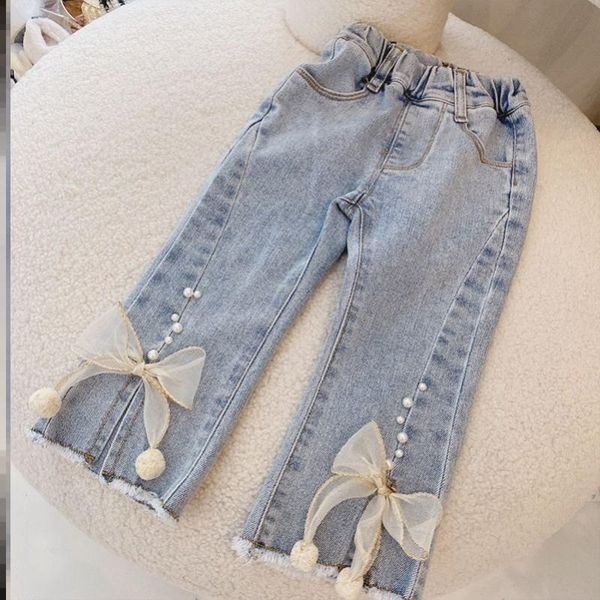 jeans pearl bow wide leg pants, Blue