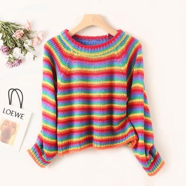 women's sweaters 2021 korean style fashion rainbow sweater loose women multicolor short stripe pullover knitted clothes sl94, White;black
women's sweaters 2021 korean style fashion rainbow sweater loose women multicolor short stripe pullover knitted clothes sl94, White;black