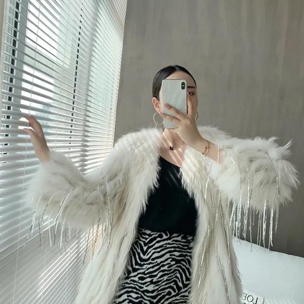 women's fur & faux luxury silver tassel imitation coats 2021 winter warm jacket overcoats thicken outerwear, Black
women's fur & faux luxury silver tassel imitation coats 2021 winter warm jacket overcoats thicken outerwear, Black