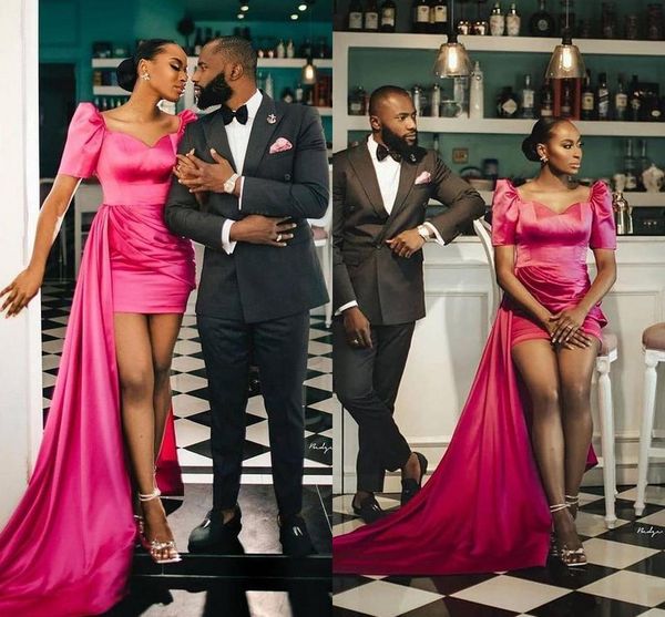 2021 fuchsia high low prom dresses short sleeves elastic satin sheath ruched pleats plus size african evening party gown custom made vestido, Black
2021 fuchsia high low prom dresses short sleeves elastic satin sheath ruched pleats plus size african evening party gown custom made vestido, Black