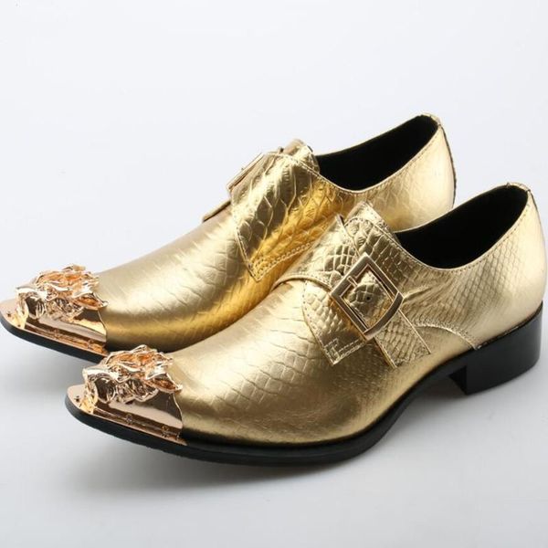 dress shoes 100% leather brand men handmade pointed gold metal toe shiny wedding/party sapatos masculino, Black
dress shoes 100% leather brand men handmade pointed gold metal toe shiny wedding/party sapatos masculino, Black
