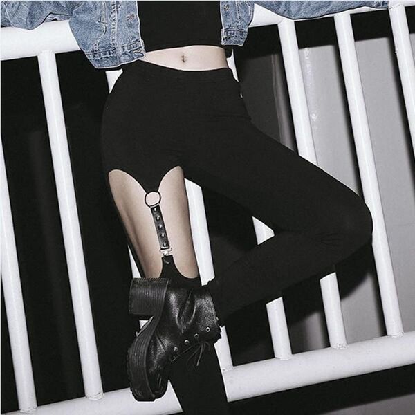 women's leggings fashion women pant rivet patchwork slim dark rock punk thong stitching, Black
women's leggings fashion women pant rivet patchwork slim dark rock punk thong stitching, Black
