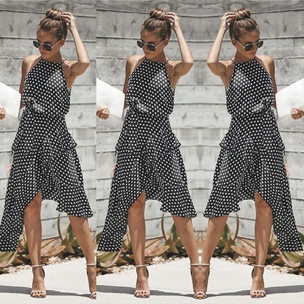 vintage polka dot summer women dresses ruffles halter irregular lace up sleeveless for female vestidos, Black;gray
vintage polka dot summer women dresses ruffles halter irregular lace up sleeveless for female vestidos, Black;gray
