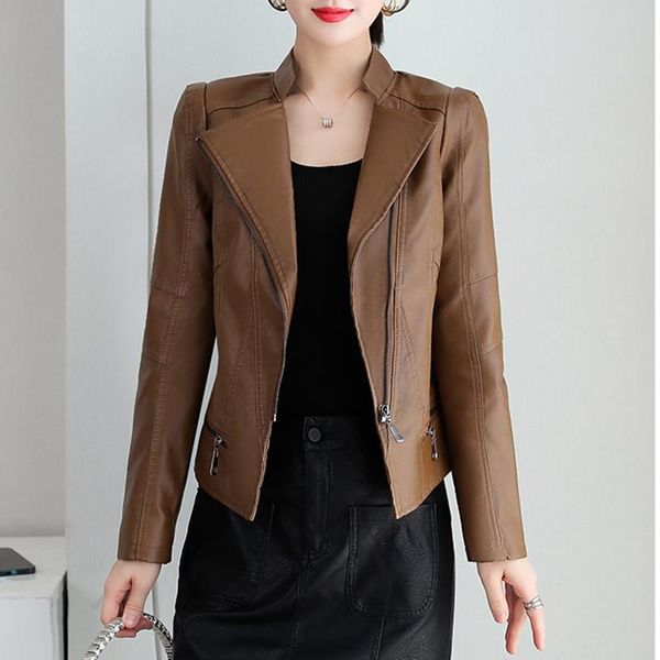 women's jackets leather coat 2021 autumn korean high waist stand-up collar slim motorcycle pu jacket winter clothes women, Black;brown
women's jackets leather coat 2021 autumn korean high waist stand-up collar slim motorcycle pu jacket winter clothes women, Black;brown
