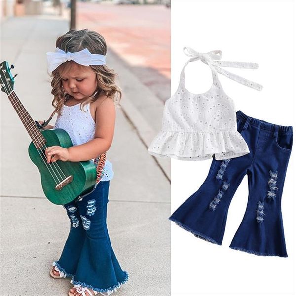 1 6y fashion summer kids girls clothes sets lace flowers solid sleeveless belt vest denim hole flare pants, White
1 6y fashion summer kids girls clothes sets lace flowers solid sleeveless belt vest denim hole flare pants, White