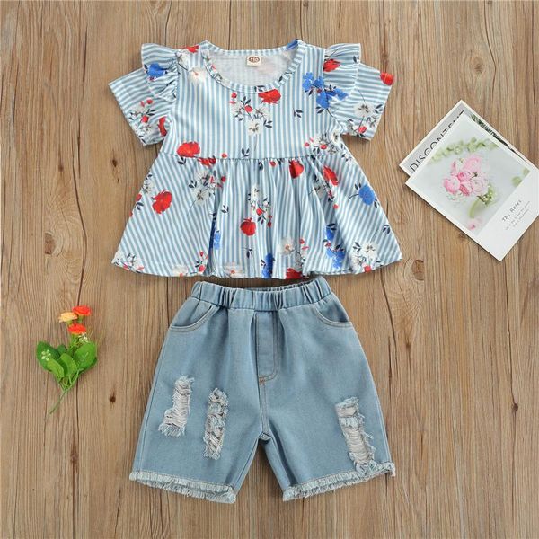 1-5 years kids girls summer set flower print o-neck pullover ripped denim shorts outfits for casual clothing sets, White
1-5 years kids girls summer set flower print o-neck pullover ripped denim shorts outfits for casual clothing sets, White