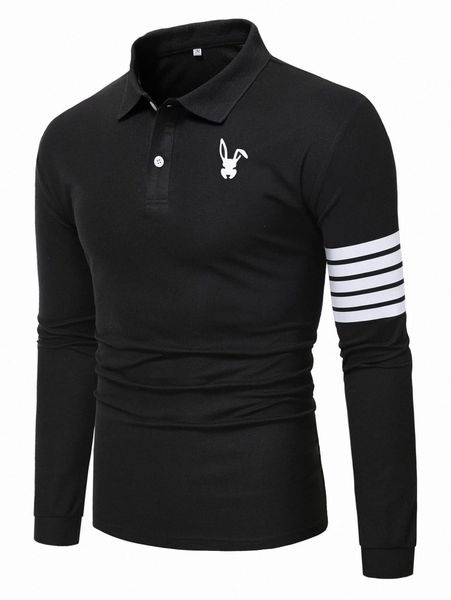 men striped & rabbit print polo shirt u56v#, White;black