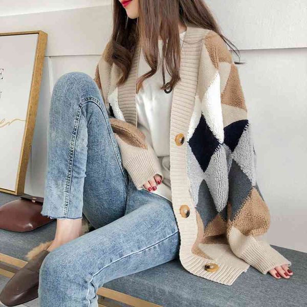 women autumn winter sweater coat female rhombus thicken buttons warm jacket loose casual knitted cardigans long sleeve, White;black
women autumn winter sweater coat female rhombus thicken buttons warm jacket loose casual knitted cardigans long sleeve, White;black
