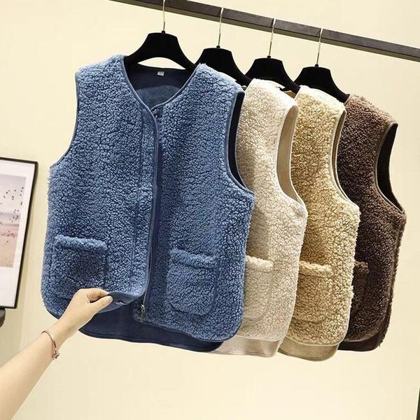 women's vests women woolen thicken waistcoats 2021 fashion autumn winter v neck loose insert velvet, Black;white