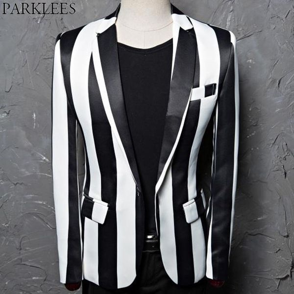 black white striped blazer jacket men brand one button slim club bar party suit jacket male stage rock and roll costumes 210522, White;black
black white striped blazer jacket men brand one button slim club bar party suit jacket male stage rock and roll costumes 210522, White;black