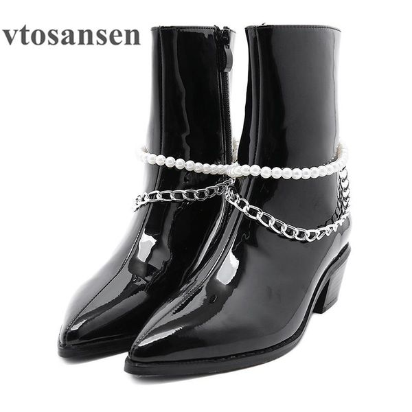 boots shoes chain western ankle women patent leather pointed toe spike zipper thick heel comfortable string bead, Black
boots shoes chain western ankle women patent leather pointed toe spike zipper thick heel comfortable string bead, Black