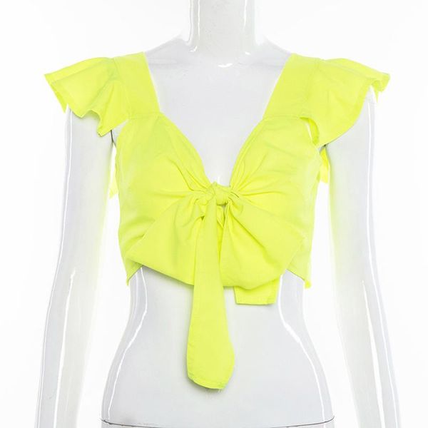 women's t-shirt summer women yellow bow butterfly low cut ruffle sleeveless cropped slim ladies bandage wdc2228, White