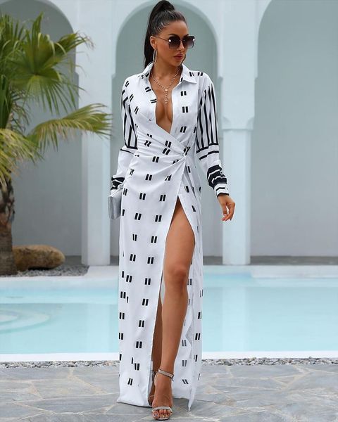 fashion girl style long sleeve women dresses lapel printed open fork floor length, Black;gray
fashion girl style long sleeve women dresses lapel printed open fork floor length, Black;gray