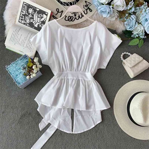 women's summer short-sleeved shirt cyber celebrity irregular split lacing waist chiffon wild o-neck solid ml832 210506, White
women's summer short-sleeved shirt cyber celebrity irregular split lacing waist chiffon wild o-neck solid ml832 210506, White
