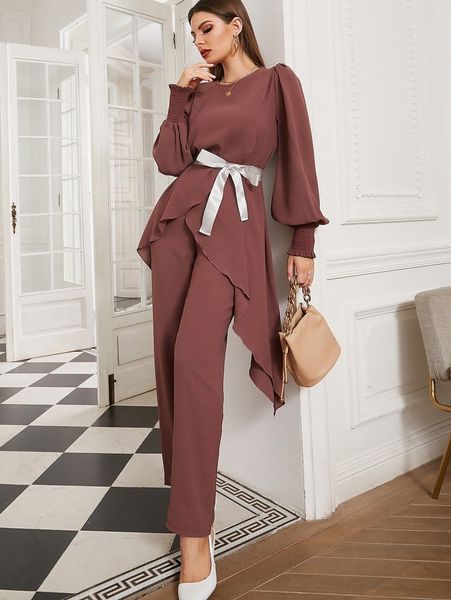 shirred lantern sleeve asymmetrical hem & pants 43kn#, White