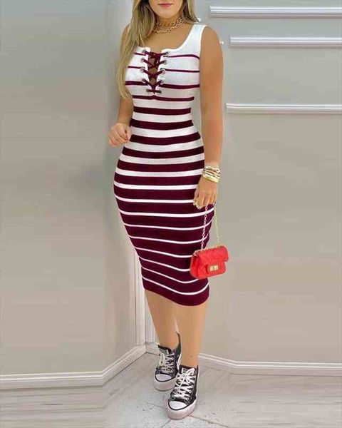 women striped sleeveless dress summer long street fashion v-neck cross-tie slim striped dress women, Black;gray
women striped sleeveless dress summer long street fashion v-neck cross-tie slim striped dress women, Black;gray