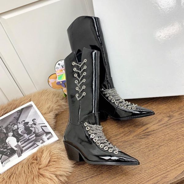 boots patent leather knee-high women mental chain decor western wedges pointed toe design chic woman shoe, Black
boots patent leather knee-high women mental chain decor western wedges pointed toe design chic woman shoe, Black