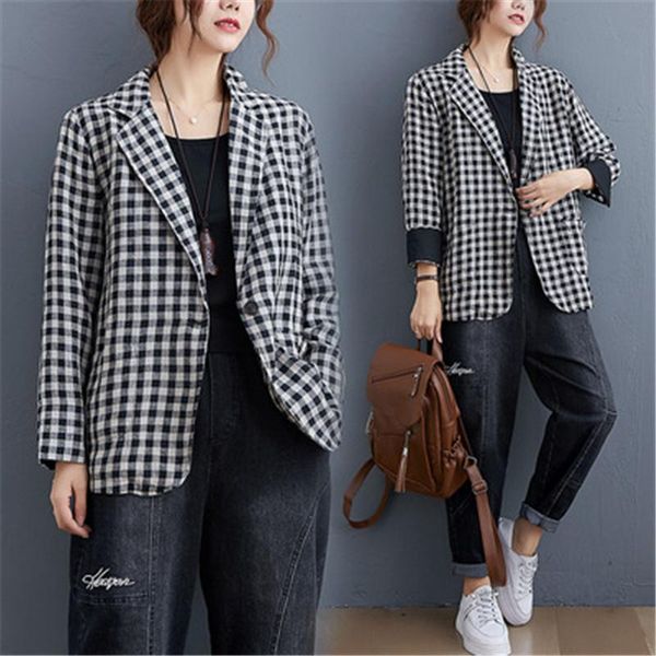 women's suits & blazers 2021 spring autumn fashion short suit collar long sleeve literary casual cotton and linen plaid loose jacket fe, White;black
women's suits & blazers 2021 spring autumn fashion short suit collar long sleeve literary casual cotton and linen plaid loose jacket fe, White;black