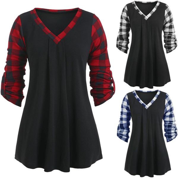 women's v-neck pullover plaid stitching s, Black;gray
women's v-neck pullover plaid stitching s, Black;gray