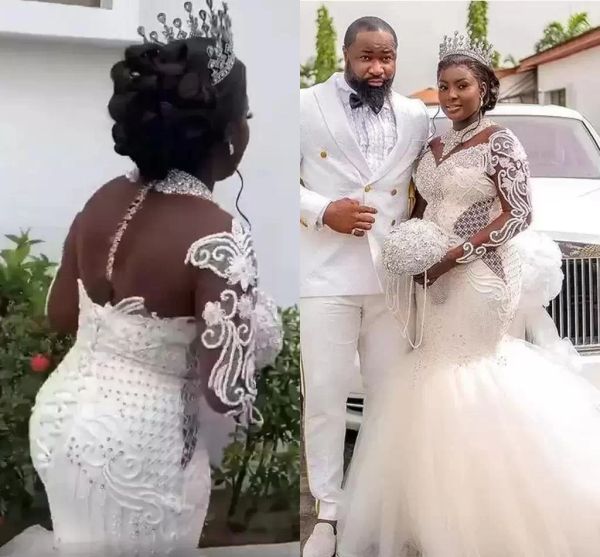 2022 luxury beaded mermaid wedding dresses jewel neck lace applique sweep train crystals custom made beach wedding gown vestido de novia, White
2022 luxury beaded mermaid wedding dresses jewel neck lace applique sweep train crystals custom made beach wedding gown vestido de novia, White