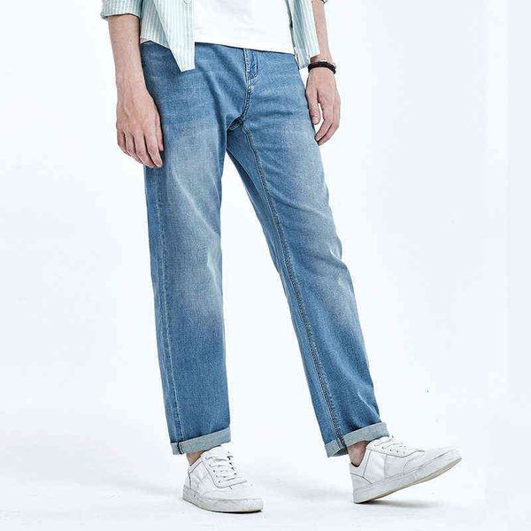 thin jeans men's loose straight 2021 blue pure cotton denim pants