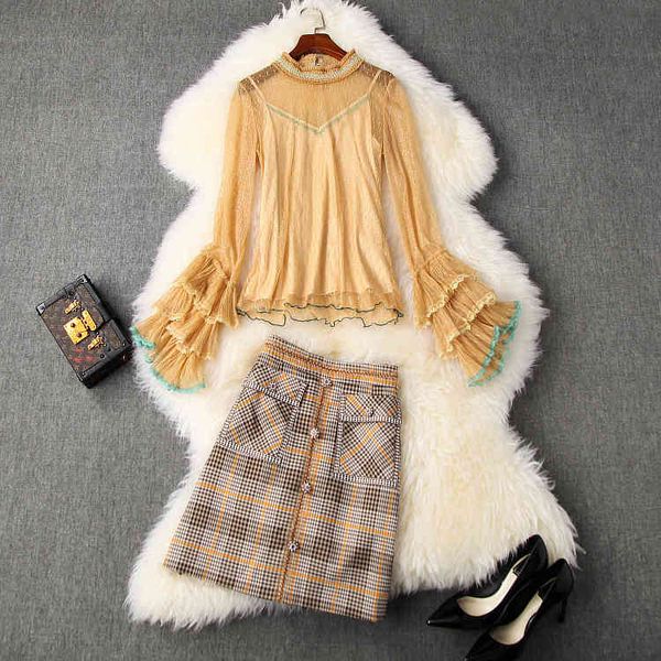 european and american women's dress summer styles long sleeve lace mesh shirt plaid beaded skirt fashion suits wtn2, White
european and american women's dress summer styles long sleeve lace mesh shirt plaid beaded skirt fashion suits wtn2, White