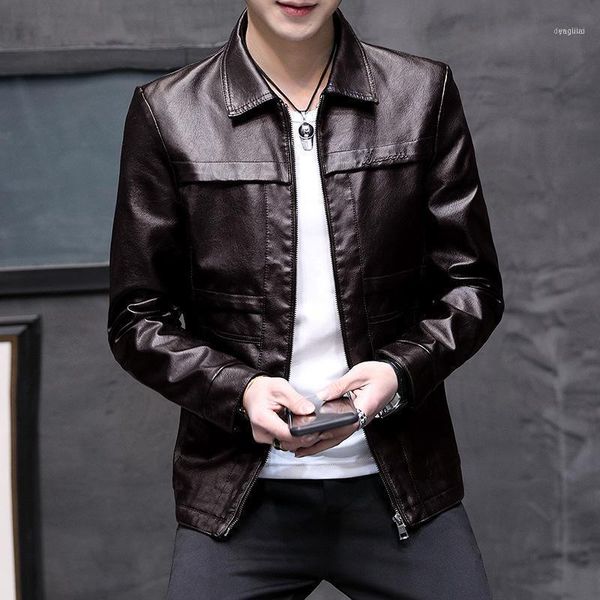 autumn pu leather youth casual lapel slim jacket1, Black