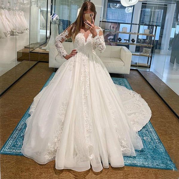 scoop neck long sleeves lace ball gown wedding dresses appliqued court train plus size tulle bridal gowns vestidos de noiva, White
scoop neck long sleeves lace ball gown wedding dresses appliqued court train plus size tulle bridal gowns vestidos de noiva, White