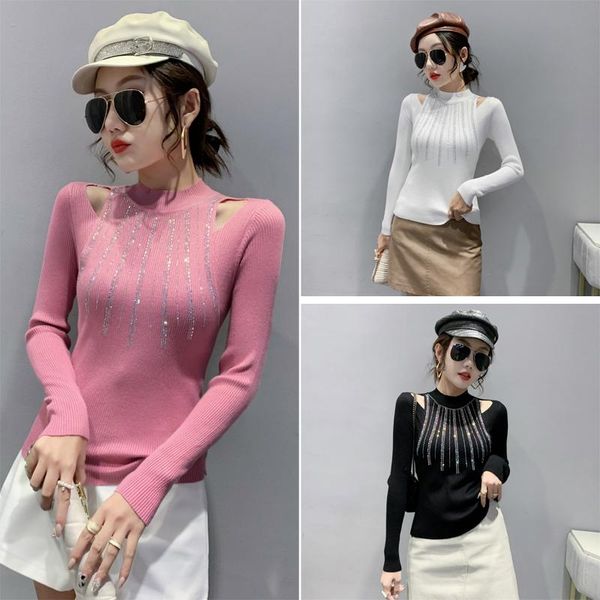 women's sweaters winter knitted sweater mock neck hollow out women long sleeve shiny diamonds bottoming shirt 2021, White;black
women's sweaters winter knitted sweater mock neck hollow out women long sleeve shiny diamonds bottoming shirt 2021, White;black