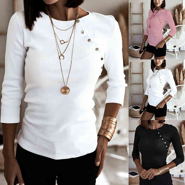 fashion women solid t-shirts casual patchwork side metal button decor o-neck long sleeve pullover spring autumn slim ladies 210412, White
fashion women solid t-shirts casual patchwork side metal button decor o-neck long sleeve pullover spring autumn slim ladies 210412, White