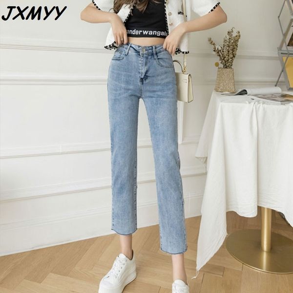 

high-waisted jeans women's small size spring new straight and thin chic hong kong-flavored eight-point cigarette pants 210412, Blue