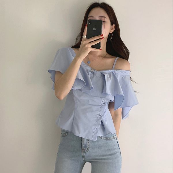 chic korean fashion clothing summer blue v neck off shoulder ruffles blouse women irregular short blusas de mujer wild 210429, White
chic korean fashion clothing summer blue v neck off shoulder ruffles blouse women irregular short blusas de mujer wild 210429, White