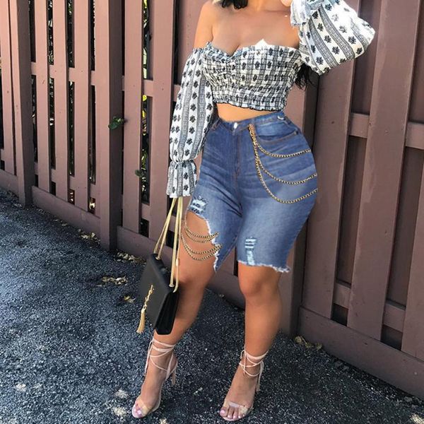 women's shorts high waist ripped denim middle with chain straps tassels slim jeans summer straight women zipper stretch cotton trousers, White;black 
women's shorts high waist ripped denim middle with chain straps tassels slim jeans summer straight women zipper stretch cotton trousers, White;black