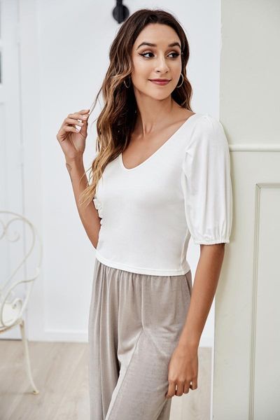 women's t-shirt fashion summer solid sleeve short v-neck pullover bubble slim, White
women's t-shirt fashion summer solid sleeve short v-neck pullover bubble slim, White