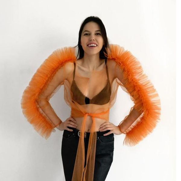 tie crop puffy sleeves sheer unique mesh front transparent blouse women ruffled orange women's swimwear, White;black
tie crop puffy sleeves sheer unique mesh front transparent blouse women ruffled orange women's swimwear, White;black