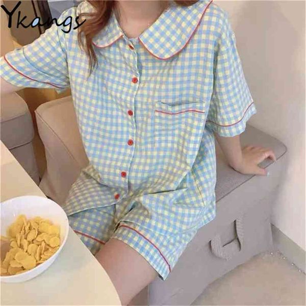 sweet plaid home suit summer kawaii pajamas set women short sleeve turn down collar cotton sleepwear loose shorts pijamas casual 210421, White
sweet plaid home suit summer kawaii pajamas set women short sleeve turn down collar cotton sleepwear loose shorts pijamas casual 210421, White