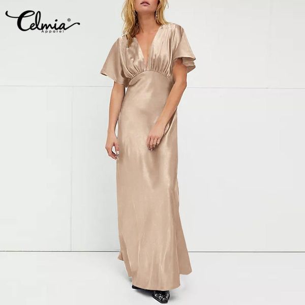 party dresses celmia elegant satin dress 2021 women summer short sleeve v neck sundress high waist casual pleated, White;black