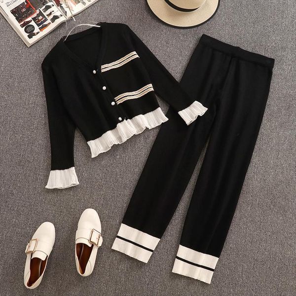 korean knitted set chic womenpant v neck cardigan trim hem sweater and wide leg 2 piece female, White
korean knitted set chic womenpant v neck cardigan trim hem sweater and wide leg 2 piece female, White