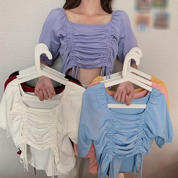 women's t-shirt women fashion casual square collar short sleeve knitted t shirt 2021 solid color folds drawstring top, White
women's t-shirt women fashion casual square collar short sleeve knitted t shirt 2021 solid color folds drawstring top, White
