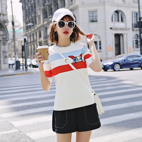 women's t-shirt summer spotted puppy patched off the shoulder wool women's short sleeve sweater striped clothes 6hul, White
women's t-shirt summer spotted puppy patched off the shoulder wool women's short sleeve sweater striped clothes 6hul, White